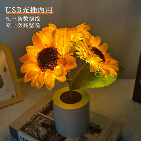 Glinsterende zonnebloemlamp | LED-tafellamp met bloemenmotief | Oplaadbaar via USB | Decoratie geïnspireerd op de natuur