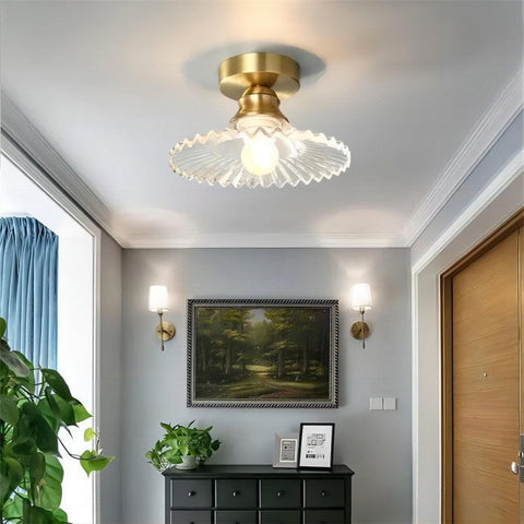 Vintage helder glazen geribbelde bloemblaadjes plafondlamp